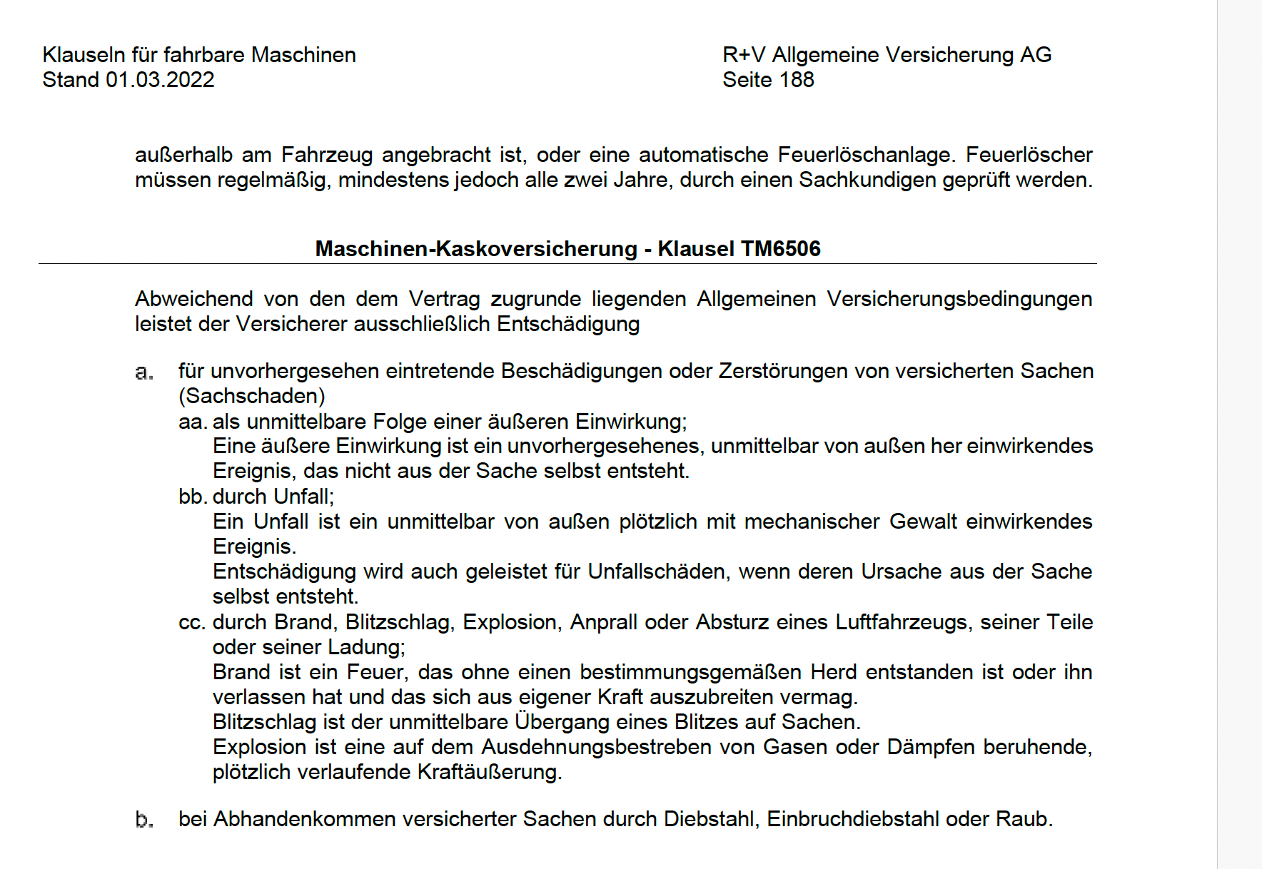 R+V Maschinen-Kaskoversicherung: Klausel TM6506, Stand 1. März 2022